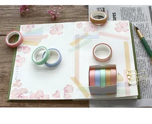 Detailed view of 5-roll colorful washi tape set on vintage desk for journaling decoration