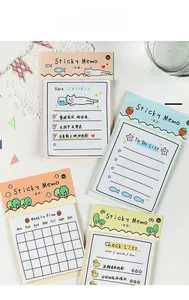 Close-up of Japanese style sticky notes featuring weekly plans and cartoon illustrations