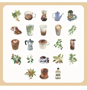 Flat lay of watercolor coffee stickers showing moka pots, latte art, and coffee beans