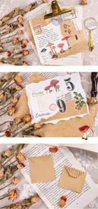 Macro de ilustraciones de hongos vintage y sobres de papel kraft para decorar álbumes de recortes