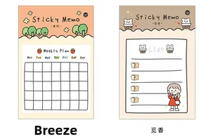 Detailed view of weekly plan and to-do list sticky notes with cartoon illustrations
