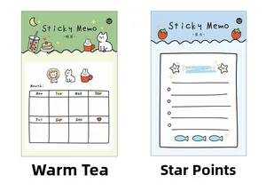 Detail of Warm Tea and Starlight sticky memos featuring cat illustrations and to-do lists
