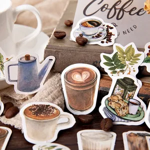 Retro coffee themed sticker set featuring lattes, coffee pots and botanical illustrations