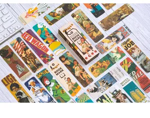 Retro paper bookmark set with vintage illustrations on a light wood background
