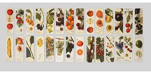 Detailed macro view of 28 vintage botanical fruit illustration bookmarks for women