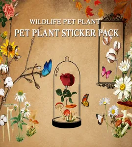Détail des stickers PET avec fleurs vintage, roses et champignons, lot de 11 feuilles