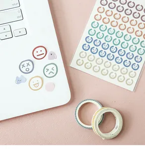 Detailed view of Morandi-colored emoji stickers on a textured pink background