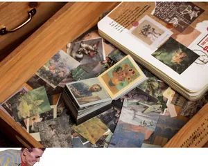Close-up of vintage art stickers set featuring Impressionist famous paintings on textured paper