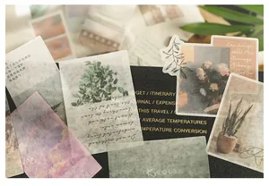 Detailansicht von Vintage-Washi-Aufklebern mit botanischen und nostalgischen Motiven