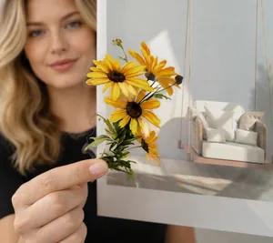 Détail d'un autocollant tournesol en PET transparent montrant le matériau imperméable