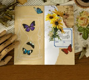 Détails d'autocollants PET vintage avec papillons et tournesols pour la décoration créative