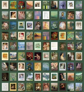 Macro view of 90 vintage world famous painting stickers featuring Van Gogh and Monet