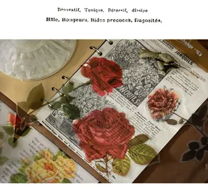 Détails macro de stickers PET avec roses rouges et illustrations botaniques vintage