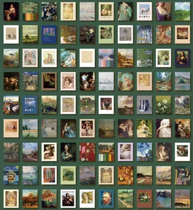 Flat lay of 90 vintage art cards featuring Van Gogh and Da Vinci paintings on green backdrop