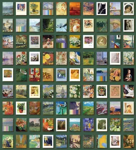 Macro view of vintage art scrapbooking paper set featuring Monet and Van Gogh oil paintings