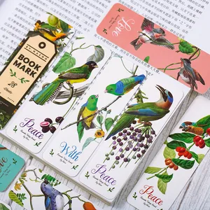 Vintage paper bookmark set with 28 pieces featuring artistic bird and floral illustrations
