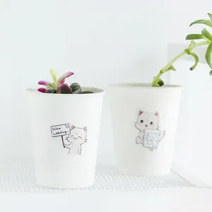 Süße Katzenaufkleber auf weißen Bechern mit Sukkulenten in einer minimalistischen Umgebung