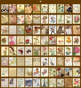 Grid view of 80 unique vintage scrapbook papers with retro floral and animal illustrations