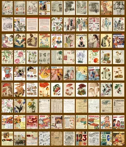 Macro view of 81 retro decorative paper cards featuring vintage botanical and magazine designs