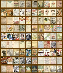 Detailed grid of vintage scrapbooking paper with retro receipts, scores and botanicals
