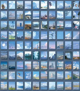 Artistic collage of 80 aesthetic scrapbooking cards featuring blue sky and landscapes