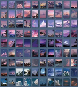 Detailed grid layout of 70 aesthetic purple and blue twilight posters for wall decor