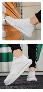 Close-up of white breathable mesh sneakers with thick sole and knitted texture detail