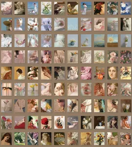 Detailed grid display of vintage art scrapbooking paper with classic oil painting designs