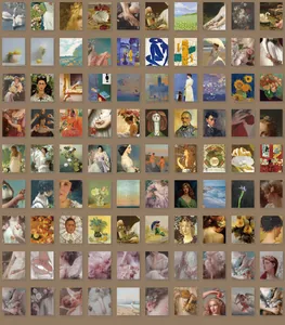 Detailed grid view of 90 vintage art scrapbooking papers with classical oil paintings