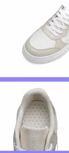 Vue détaillée de baskets blanches avec texture en cuir synthétique et trous respirants