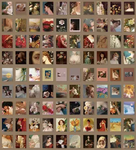 Macro view of 400 sheets of vintage art paper featuring classical oil painting patterns