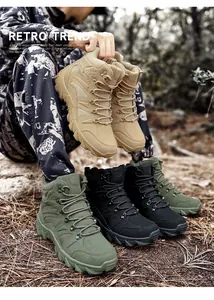 Three pairs of lightweight tactical boots in khaki, green, and black for outdoor hiking