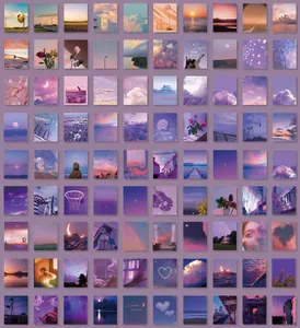Detailed grid layout showing 80 vintage aesthetic purple sunset collage wall posters