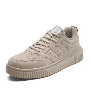 Men's khaki platform low-top skate shoes with suede texture and breathable perforations