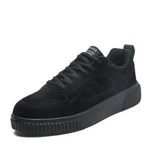 Men's black suede platform skate shoes with thick rubber sole and side stitching details