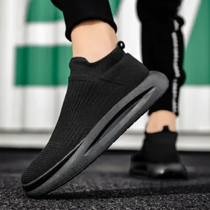 Men's black breathable knit sock sneakers with thick cushioned sole and slip-on design