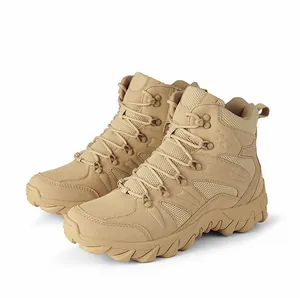 Detail of sand-colored tactical boot featuring breathable mesh and durable non-slip rubber sole