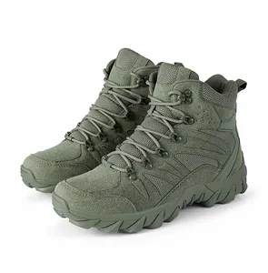 Detail of army green tactical combat boot with breathable mesh and rugged rubber outsole