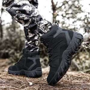 Men's lightweight black tactical boots with breathable mesh and side zipper for hiking