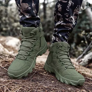 Army green tactical combat boots featuring breathable mesh and durable non-slip rubber sole