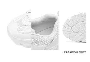 Close-up showing the breathable mesh upper and anti-slip thick sole of white sneakers