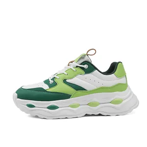 Men's stylish white and green breathable platform sneakers with thick sole and mesh design