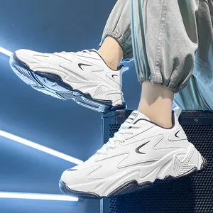 Men's chunky white sneakers with black wavy details and breathable thick-sole design