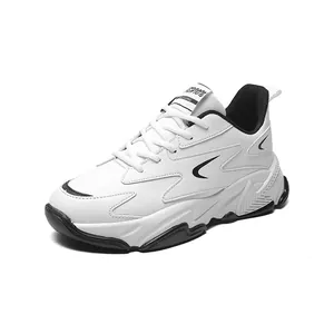 2025 Trendy chunky sneakers in white and black with breathable multi-layer leather panels