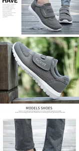 Detailansicht grauer atmungsaktiver Mesh-Walkingschuhe mit verstellbarem Klettverschluss