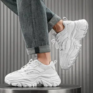 Men's stylish white chunky sneakers with thick soles and breathable mesh panels