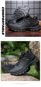 Detail of black outdoor hiking shoe with deep non-slip rubber tread and matte leather finish