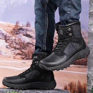 Men's Outdoor Tactical Combat Boots High-top Hiking Camping Boots Artificial PU Leather Mesh Non-slip Rubber Sole Side Zipper Lace-up Boots