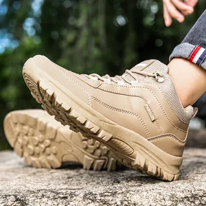 Men's khaki outdoor hiking boots with tactical high-top design and anti-slip rubber sole