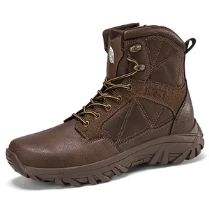Brown high-top tactical combat boots with side zipper and durable rubber sole